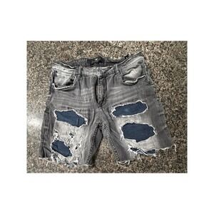 Legacy Edition Mens Distressed Denim Shorts Black Patchwork Raw Hem Size 34